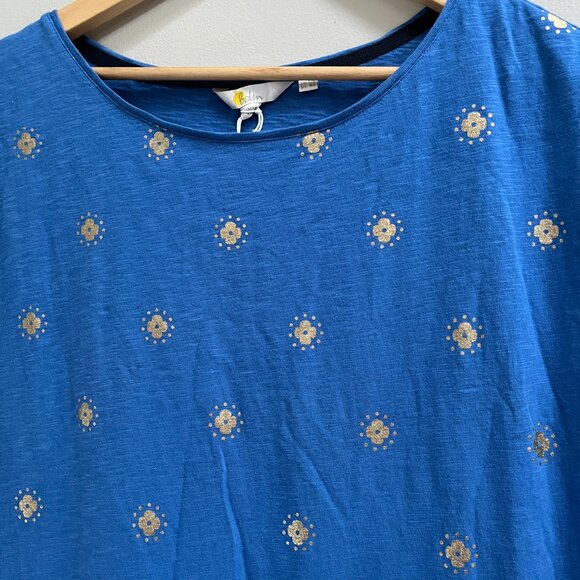 Boden Leah Jersey Blue Gold Embellished Printed Cotton‎ T Shirt Dress New US 8R - Picture 2 of 4